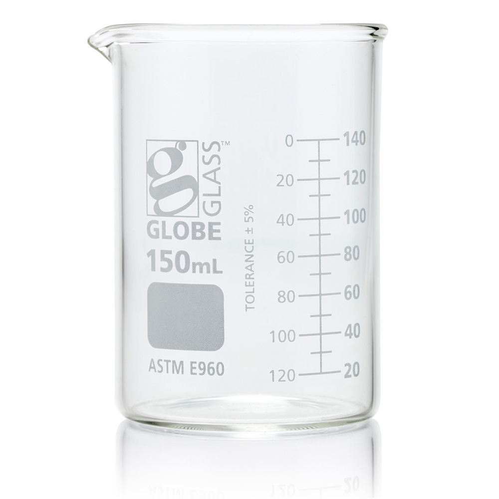 Globe Scientific Beaker, Globe Glass, 150mL, Low Form Griffin Style, Dual Graduations, ASTM E960, 12/Box beaker;beaker science;beaker glass;beaker chemistry;beaker lab;250 ml beaker;100 ml beaker;50 ml beaker